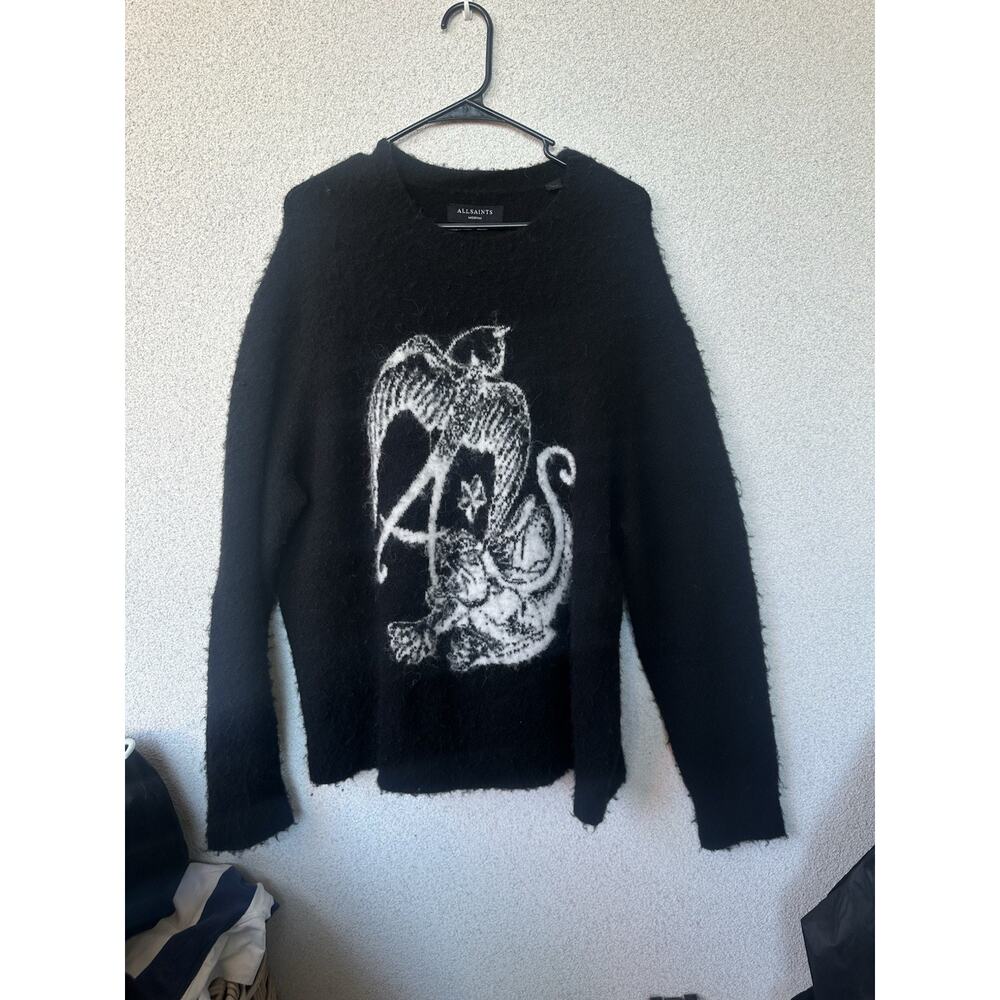 ALLSAINTS Wilder Intarsia Crewneck Sweater in Black, Woolly Blend, Men’s Medium